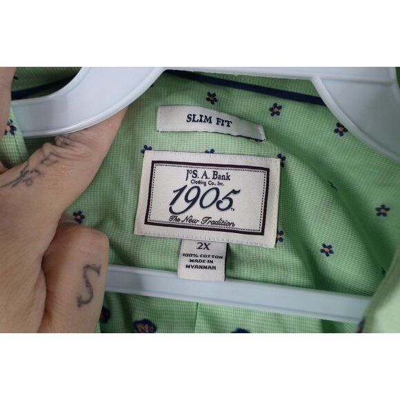 New Jos A Bank Mens 2XL Slim Fit Flower Stretch Collared Button Shirt Green - Picture 8 of 12